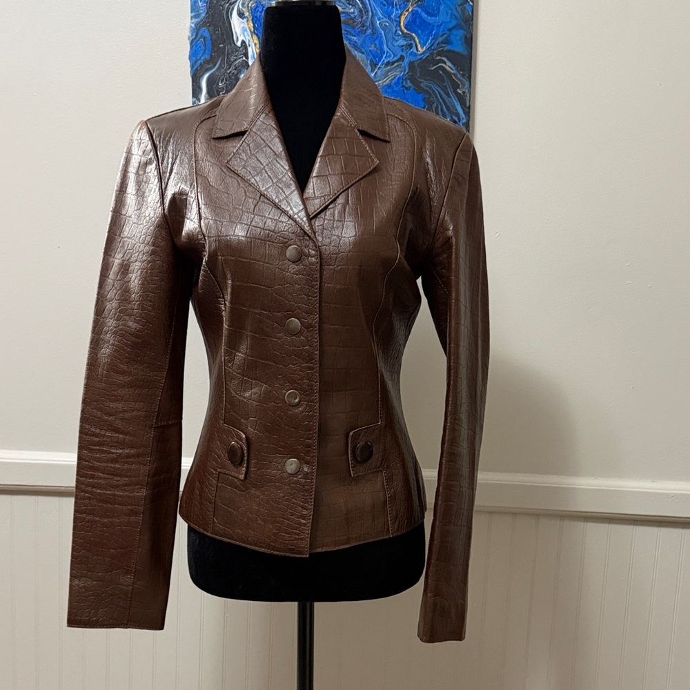 Moda International genuine leather Women’s Brown Faux-Croc Leather Button Jacket
